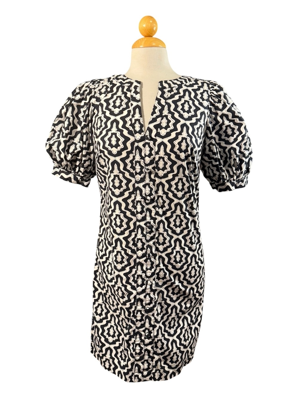 LOFT Black and White Geometric Puff Sleeve Dress